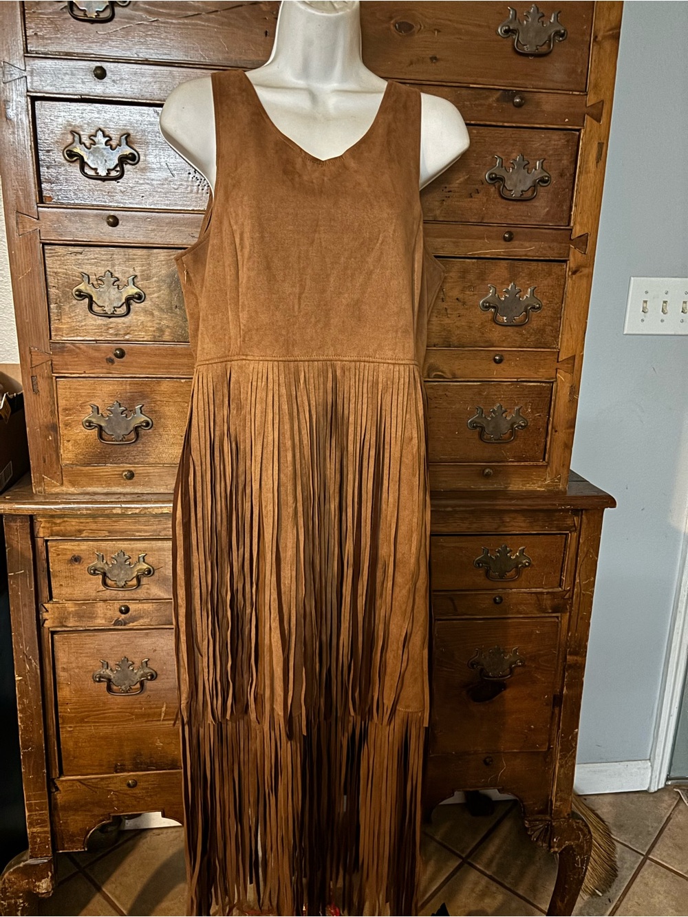 Brown Faux Suede Fringe Maxi Dress - Boho V-Neck